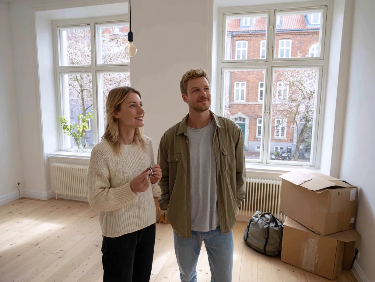 Et smilende par står i et lyst værelse med pakkede flyttekasser ved vinduerne.