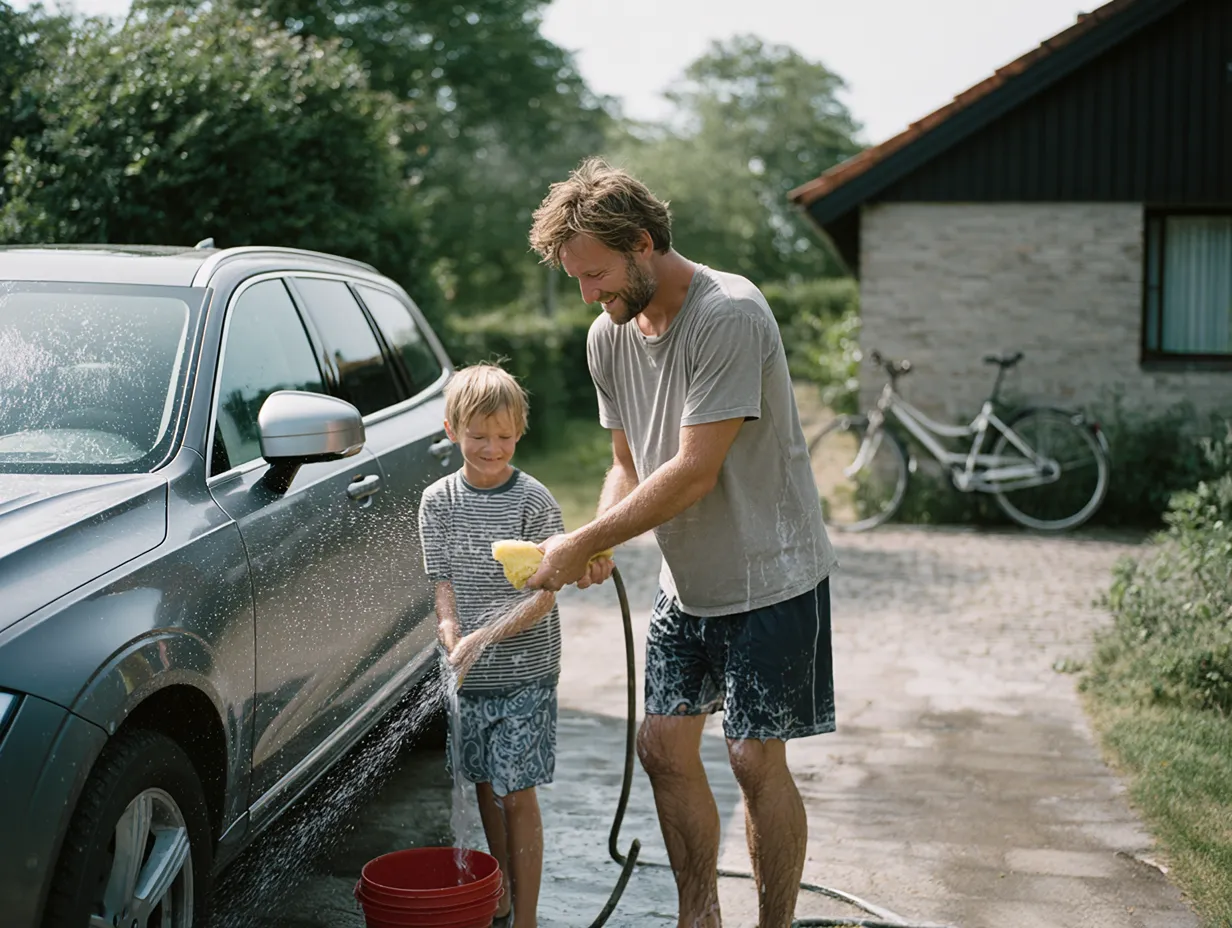 Far og søn vasker en bil sammen udenfor på en solrig dag.