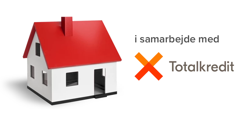 Modelhus med rødt tag og teksten Ingen skjulte gebyrer med Totalkredit-logo.
