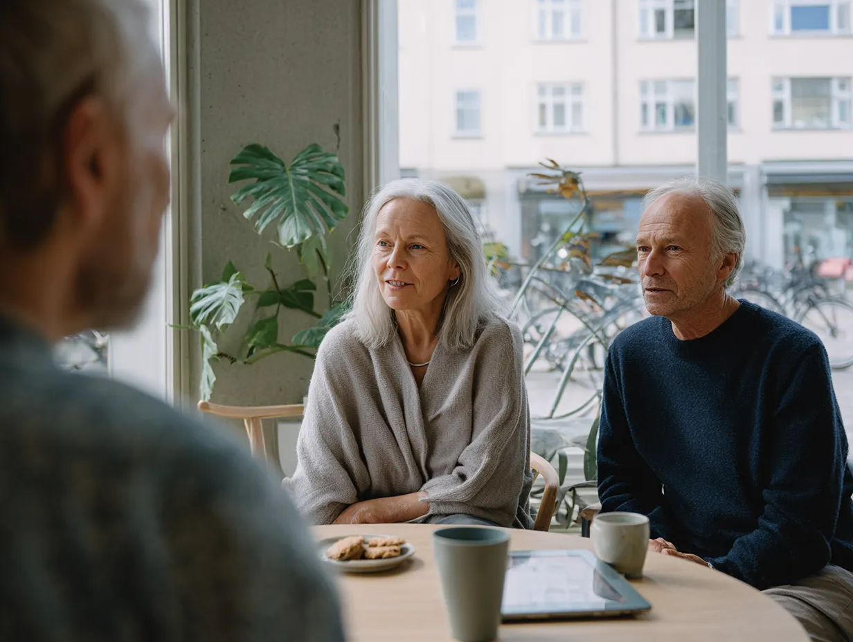 Ældre par samtaler med en person ved bordet med kaffe og småkager i lyst rum.