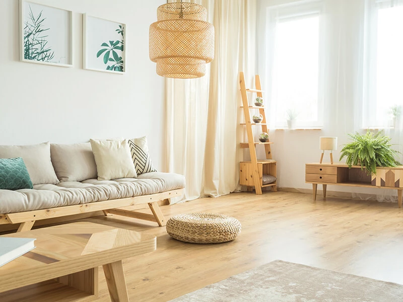 Lys stue med lysegrå sofa, træbord, dørmåtte, og planter ved vindue og kommode.
