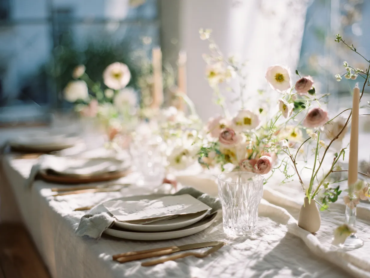 Smukt dækket bord med blomster, hvide tallerkener, glas og bestik i blødt naturligt lys.