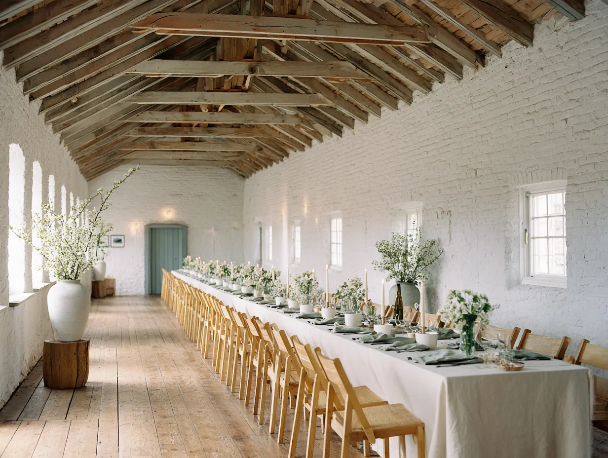 Langt bord med blomster, stearinlys og stole i lyst rum med hvid murstensvæg og træloft.
