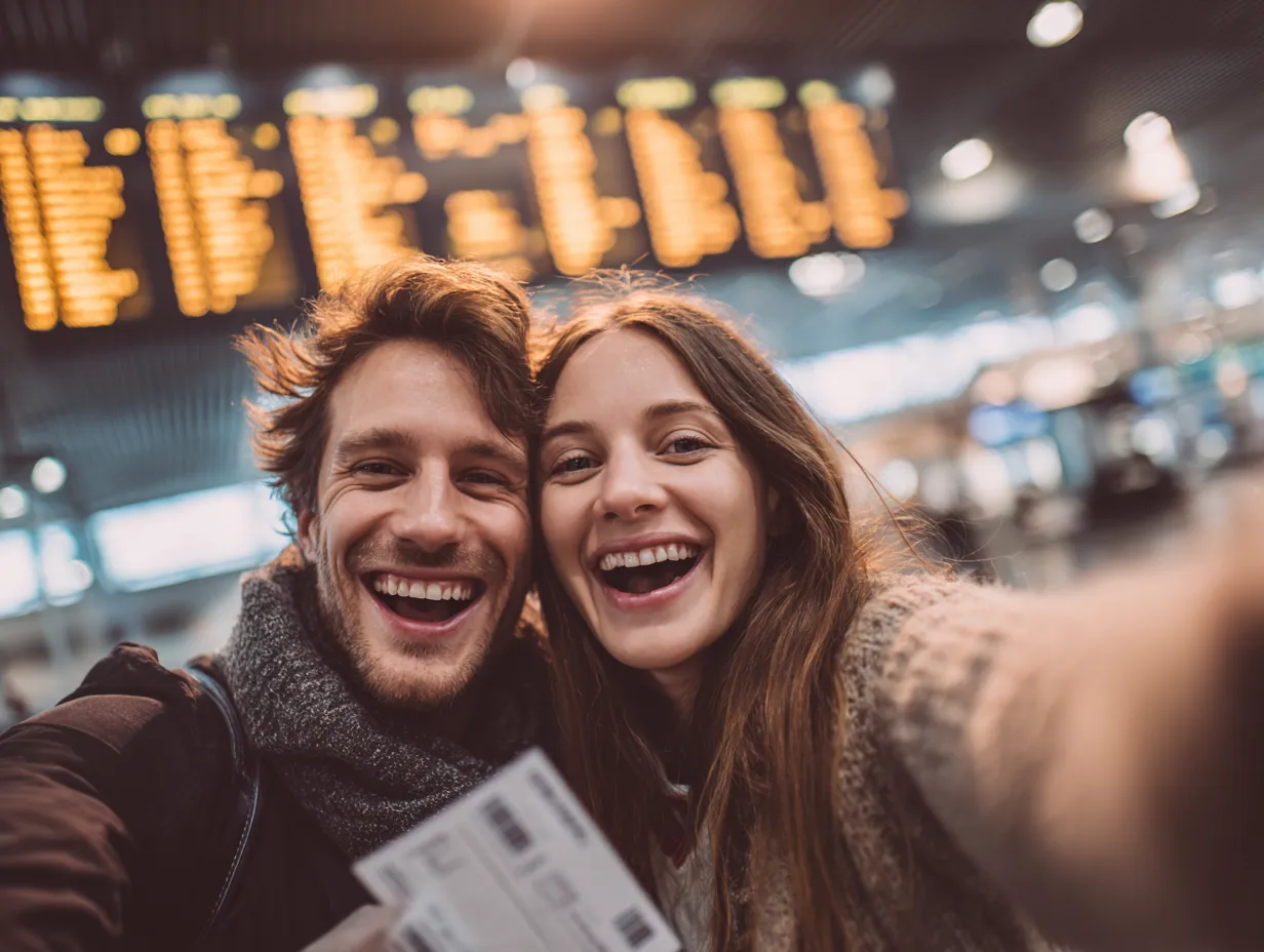 Smilende par tager selfie i lufthavn med flybilletter, baggrund med utydelig afgangstavle.