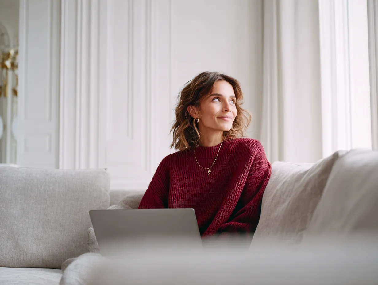 Kvinde i rød sweater sidder på en sofa med en bærbar computer og kigger opad med et smil.