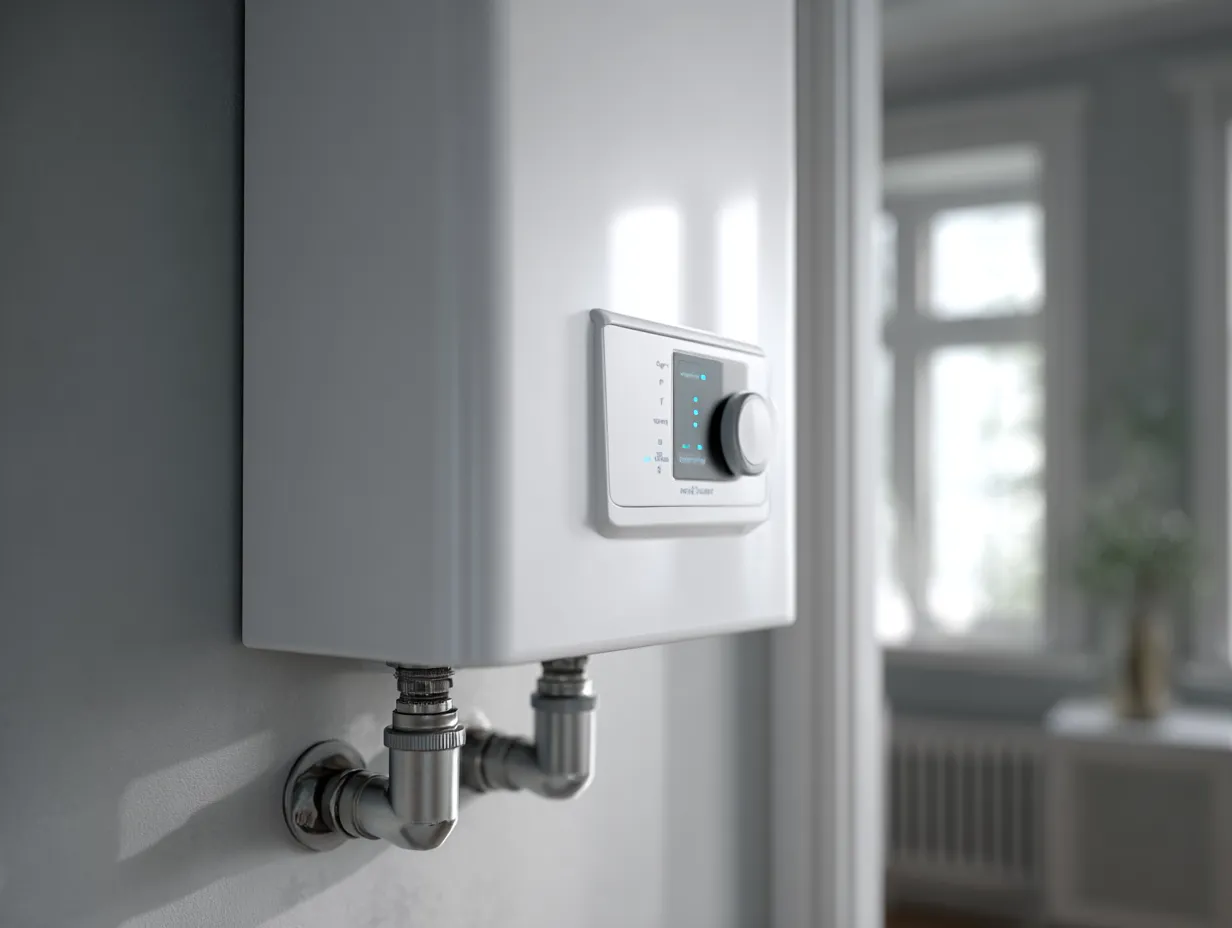 Hvid gasfyr med digitalt kontrolpanel monteret på en grå væg med to metalrør.
