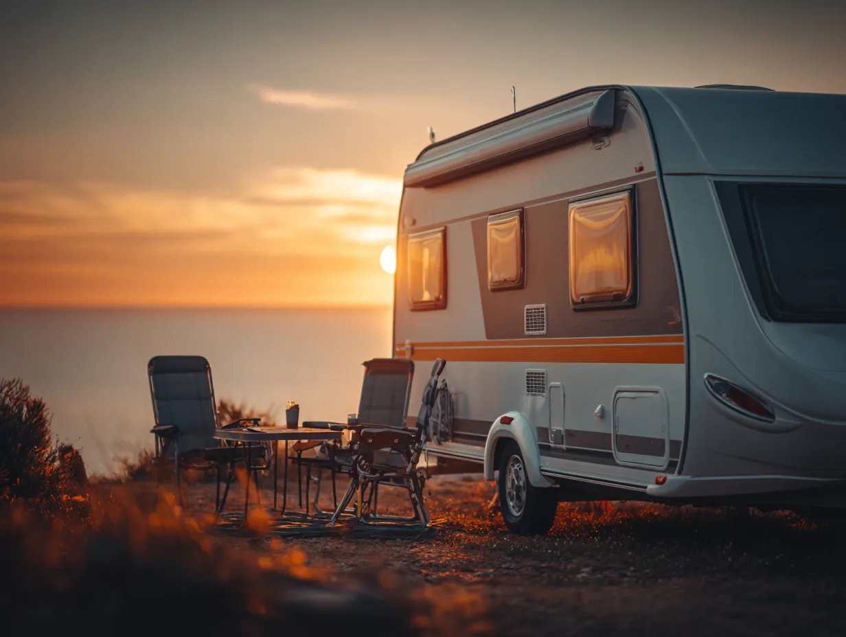 Campingvogn med stole og bord udenfor ved solnedgang ved kysten.