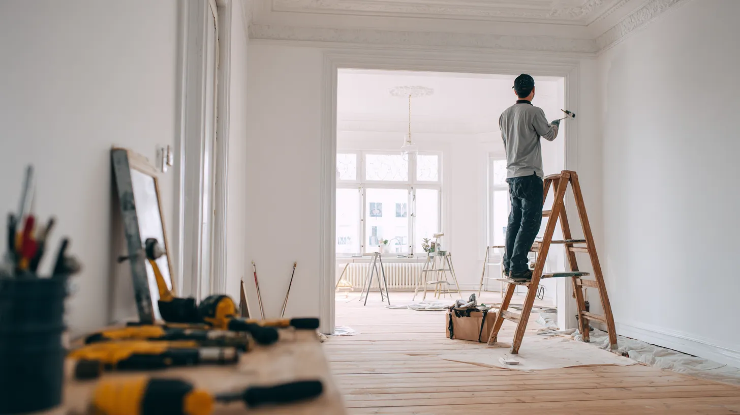 Mand på stige, arbejder med væg i et lyst rum under renovering med værktøj og materialer rundt omkring.