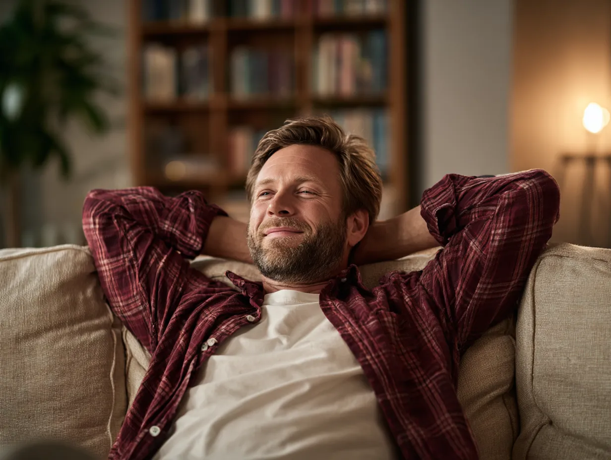 Mand slapper af på en sofa med hænderne bag hovedet og smilende ansigt.