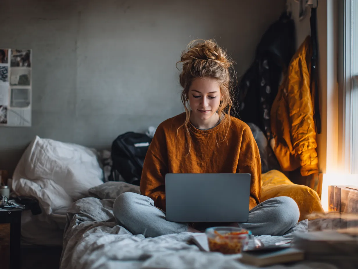 Ung kvinde i orange trøje sidder krydsede ben på en seng med bærbar computer.