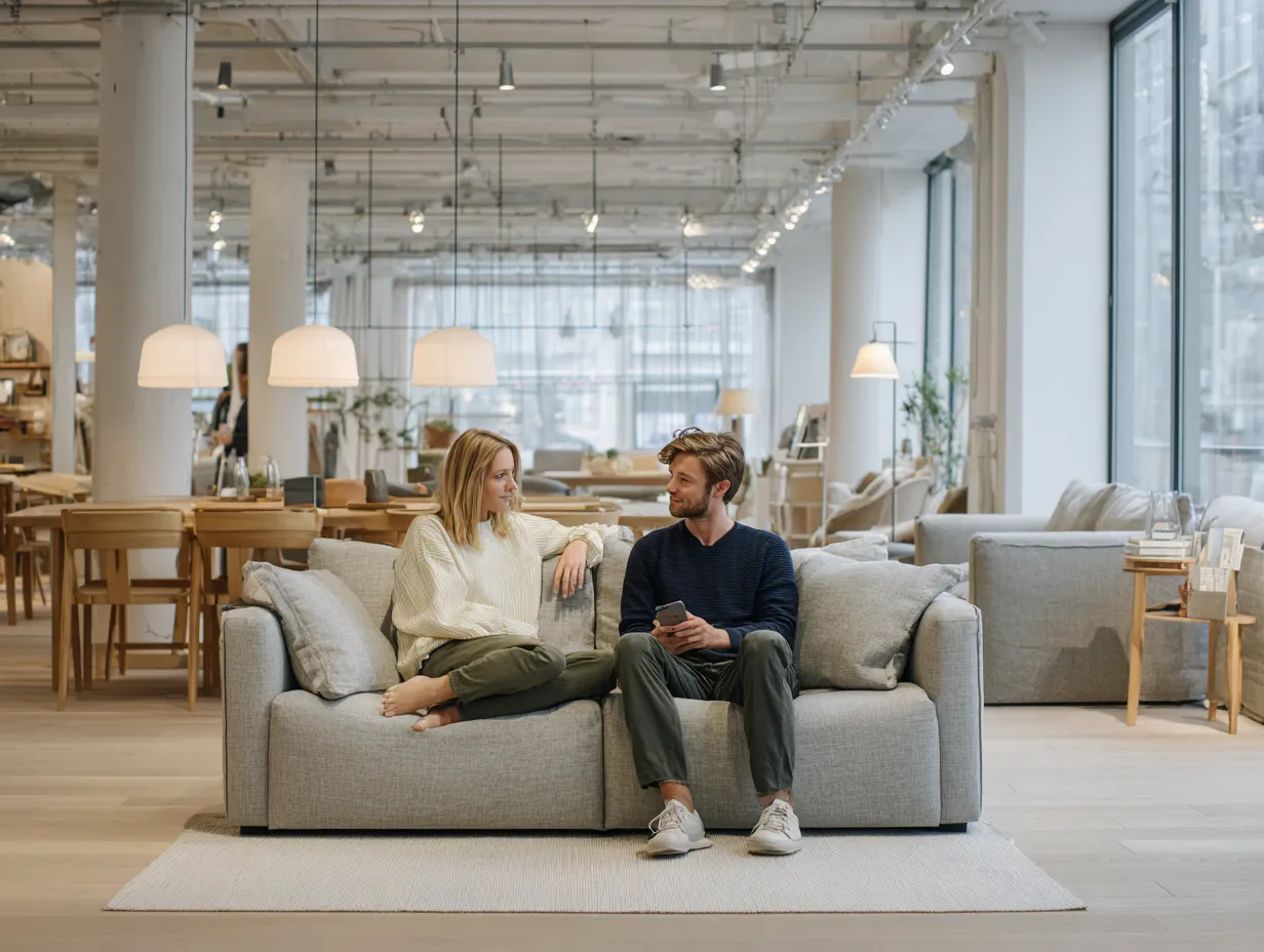 En mand og en kvinde sidder og taler på en grå sofa i et lyst, moderne møbelrum.