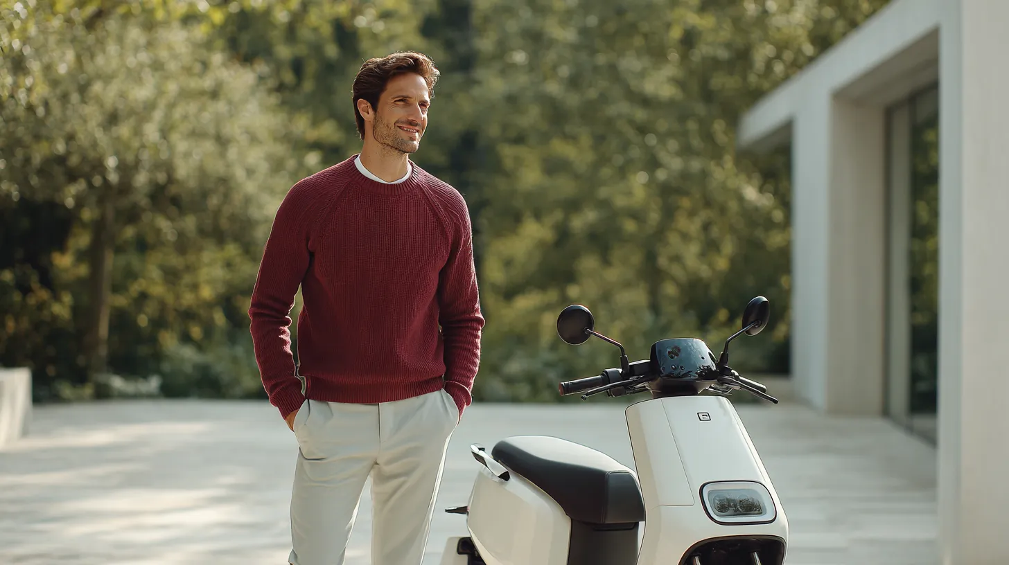 Mand i rød trøje står ved siden af en hvid elektrisk scooter udendørs ved et hus.