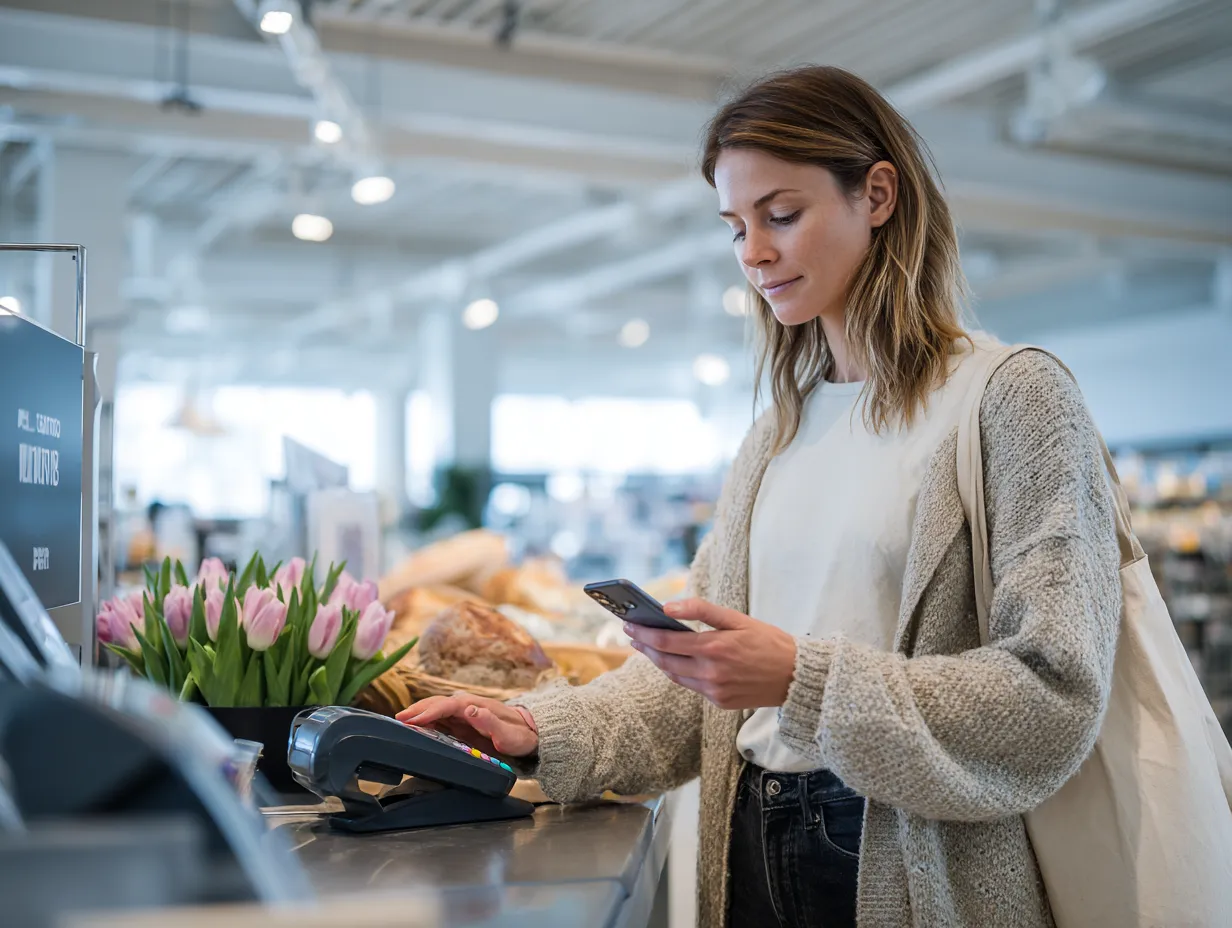 Kvinde, der betaler med telefon ved kassen i en butik med brød og blomster.