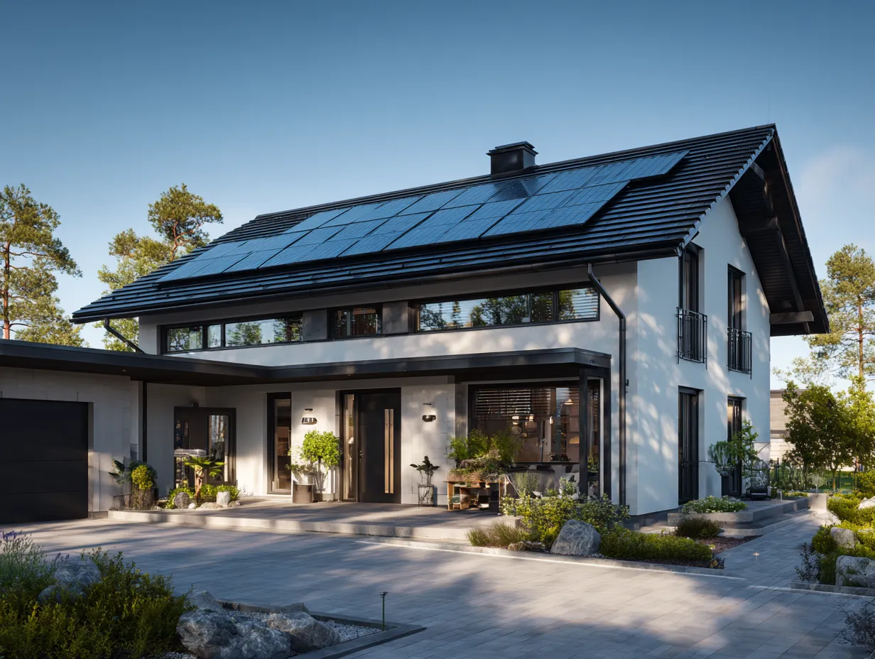 Moderne hvidt to-etagers hus med sorte solpaneler på taget og velplejede haver.