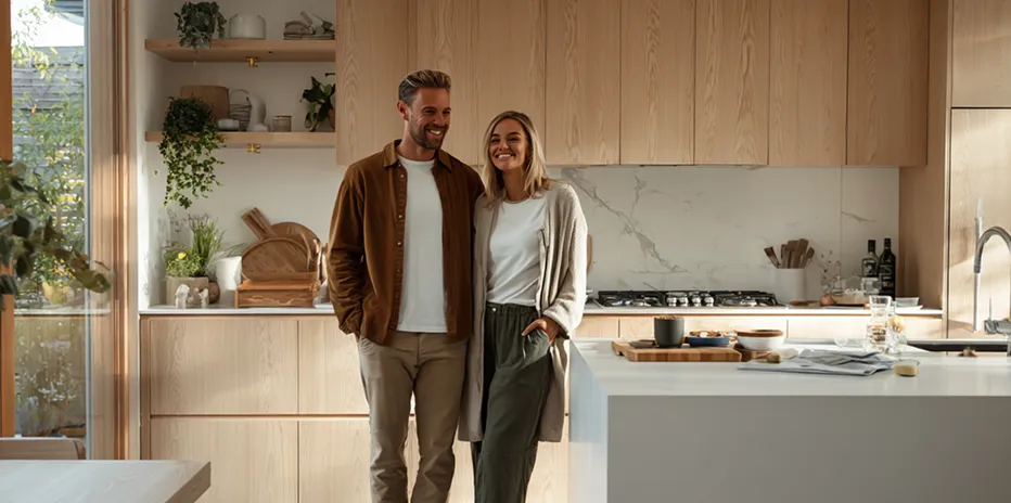 Glædelig mand og kvinde står sammen i et lyst, moderne køkken med træskabe og hvide bordplader.