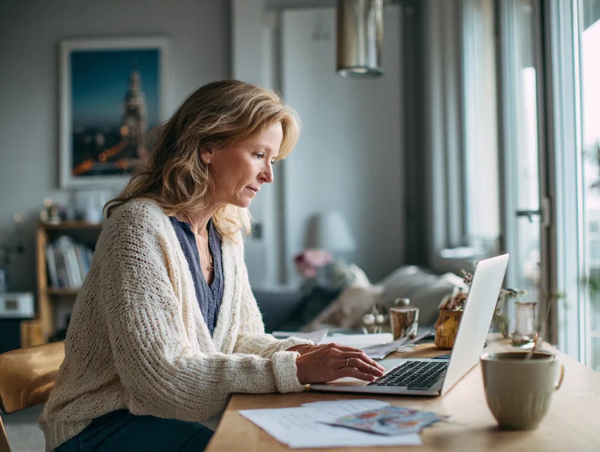 Kvinde med strikket trøje arbejder på bærbar computer ved et træbord ved vinduet.