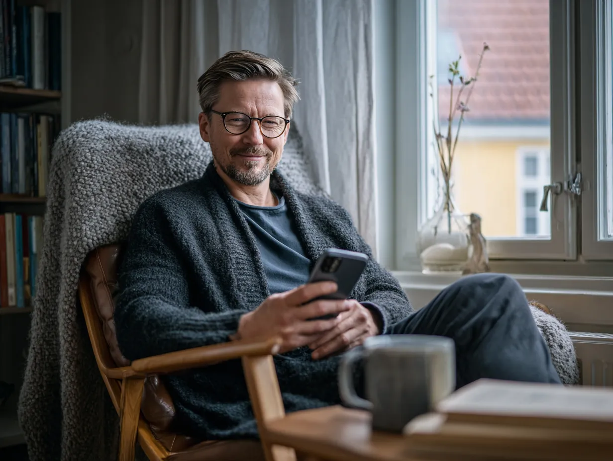 Mand med briller sidder i lænestol og smiler, mens han bruger smartphone i hyggeligt rum.
