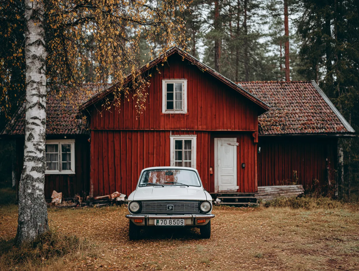 Hvid gammel bil parkeret foran et rødt træhus i en skov om efteråret.