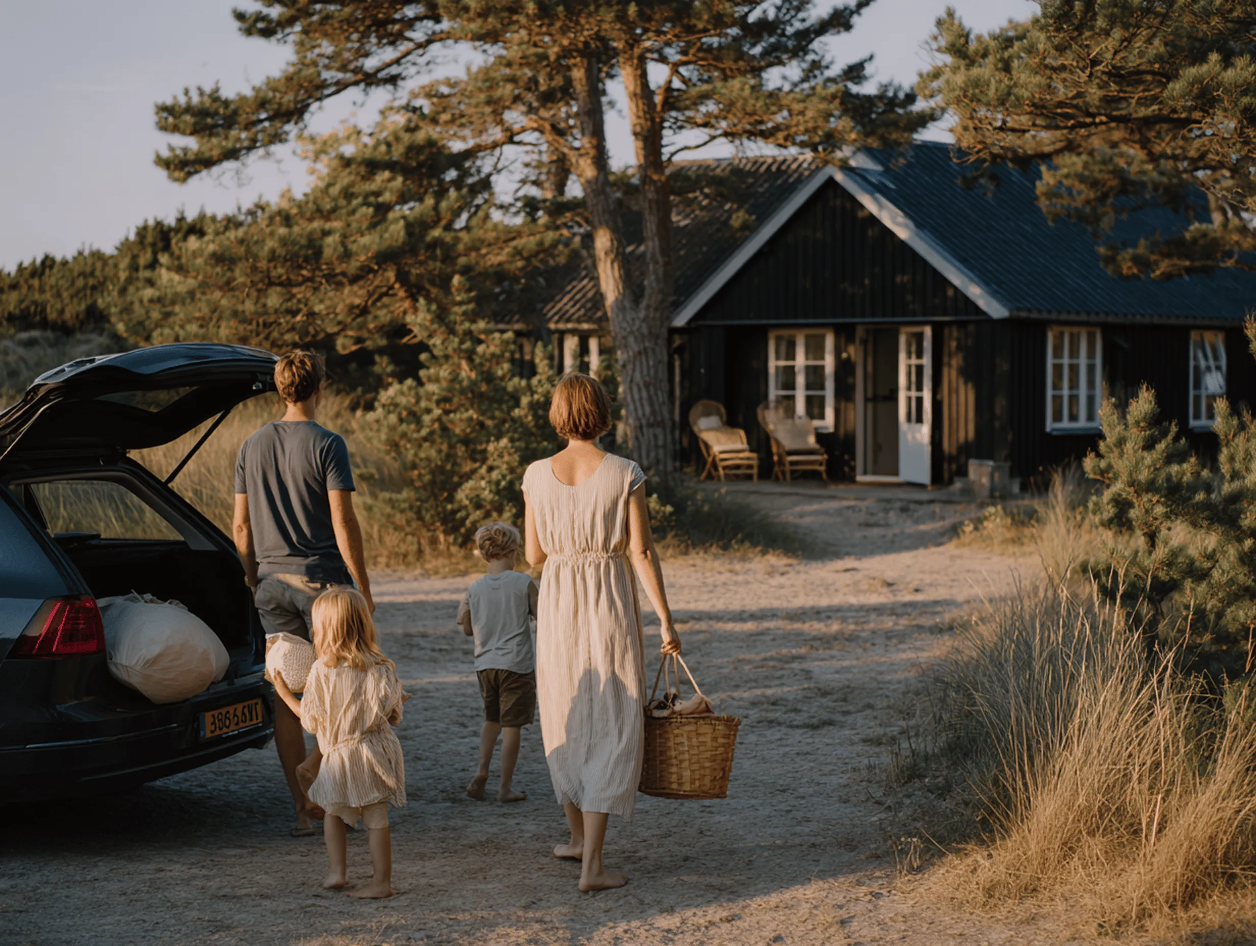 En familie med to børn går barfodet mod et træhus med åbent dør i solnedgang.