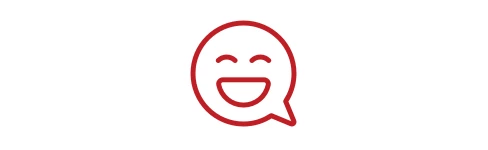 Smilende ansigt-emoji med lukkede øjne og åben mund i rød taleboble.