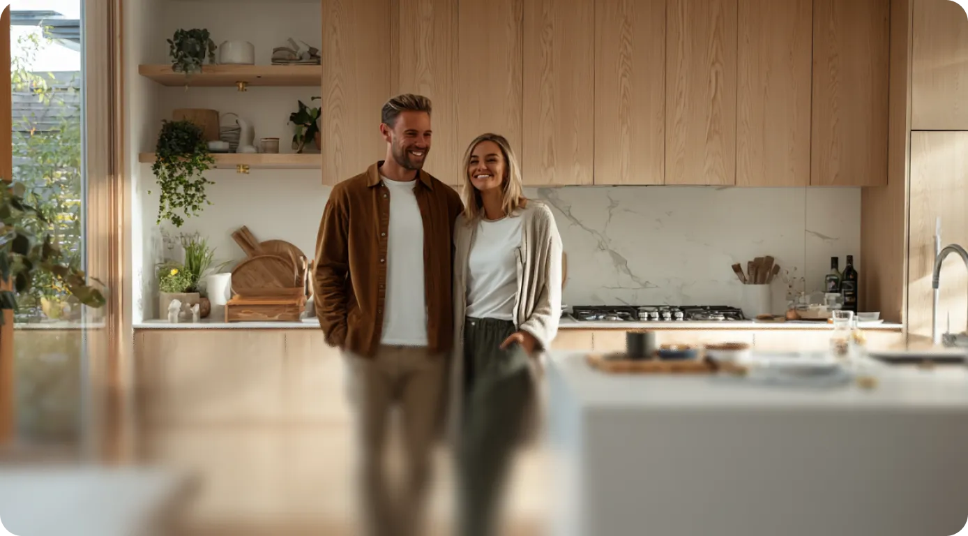 Smilende par står i et moderne køkken med træskabe og hvide marmorfliser.