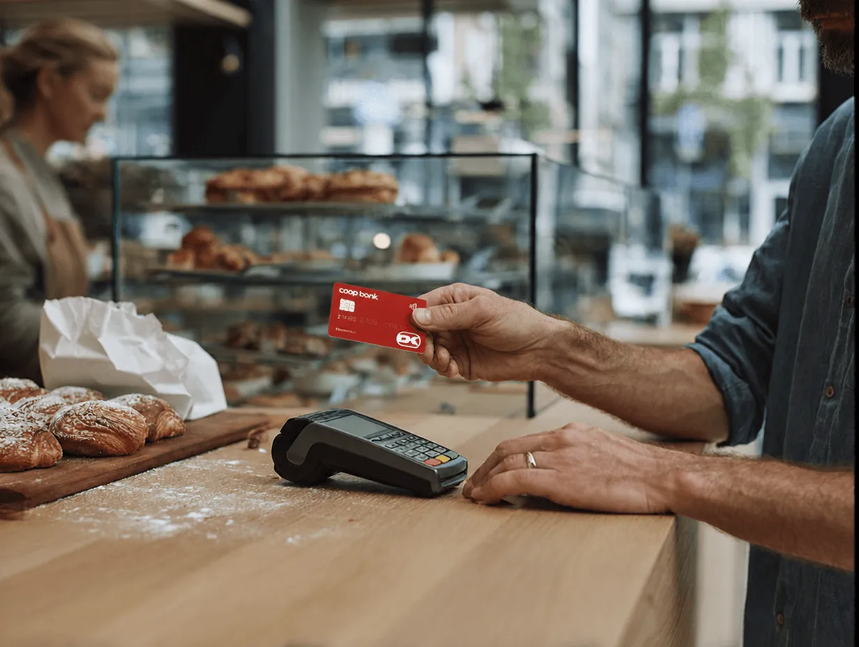 Mand betaler kontaktløst med Coop Bank-kort ved kassen i bageri.