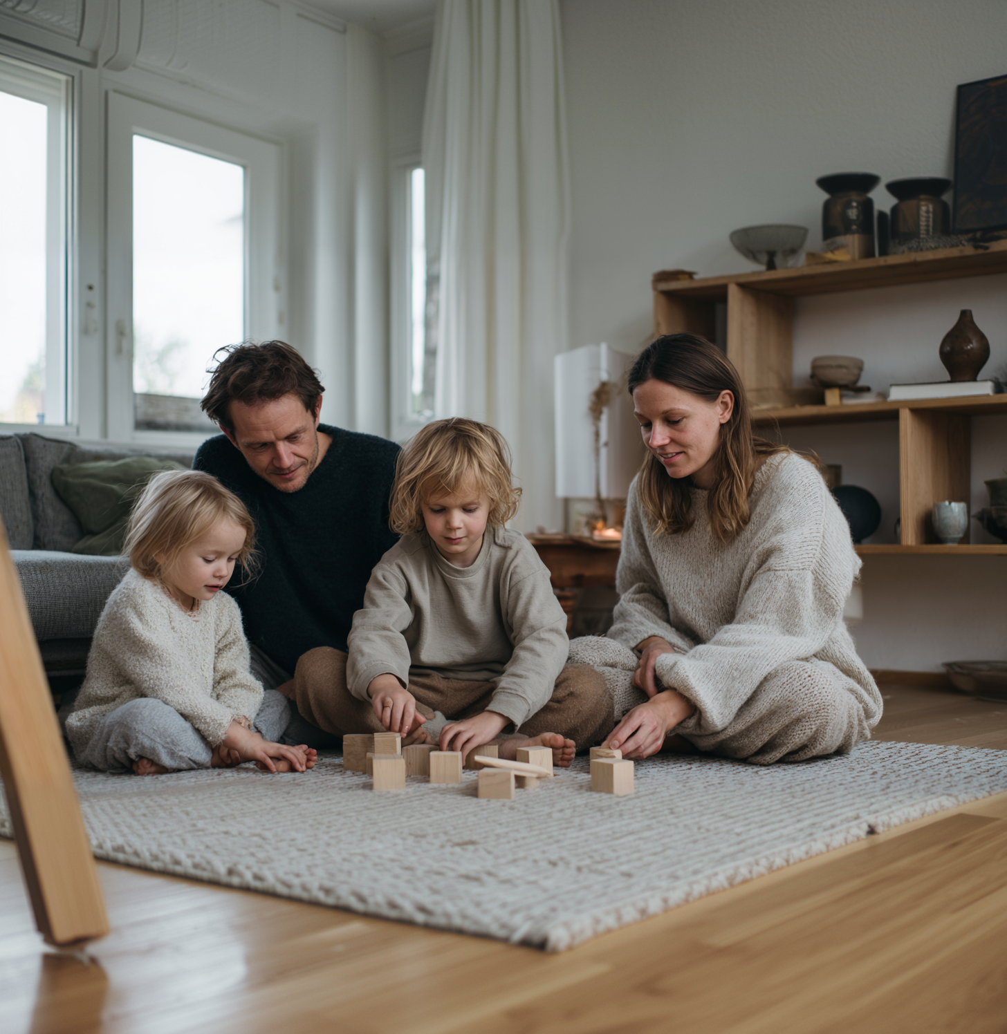 Familie på fire sidder på gulvtæppe i stue og leger med træklodser sammen.