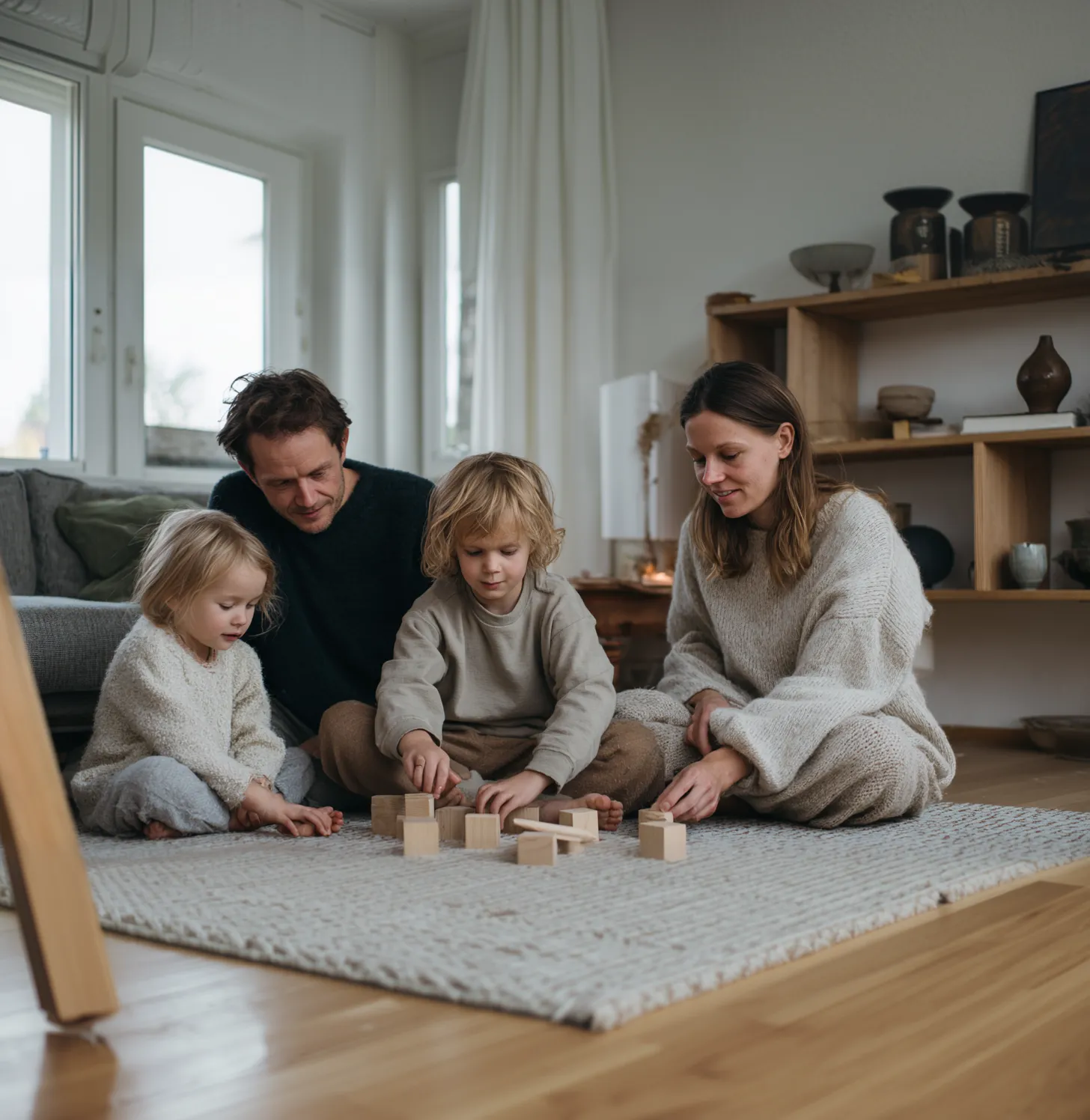 Familie på fire sidder på gulvtæppe i stue og leger med træklodser sammen.