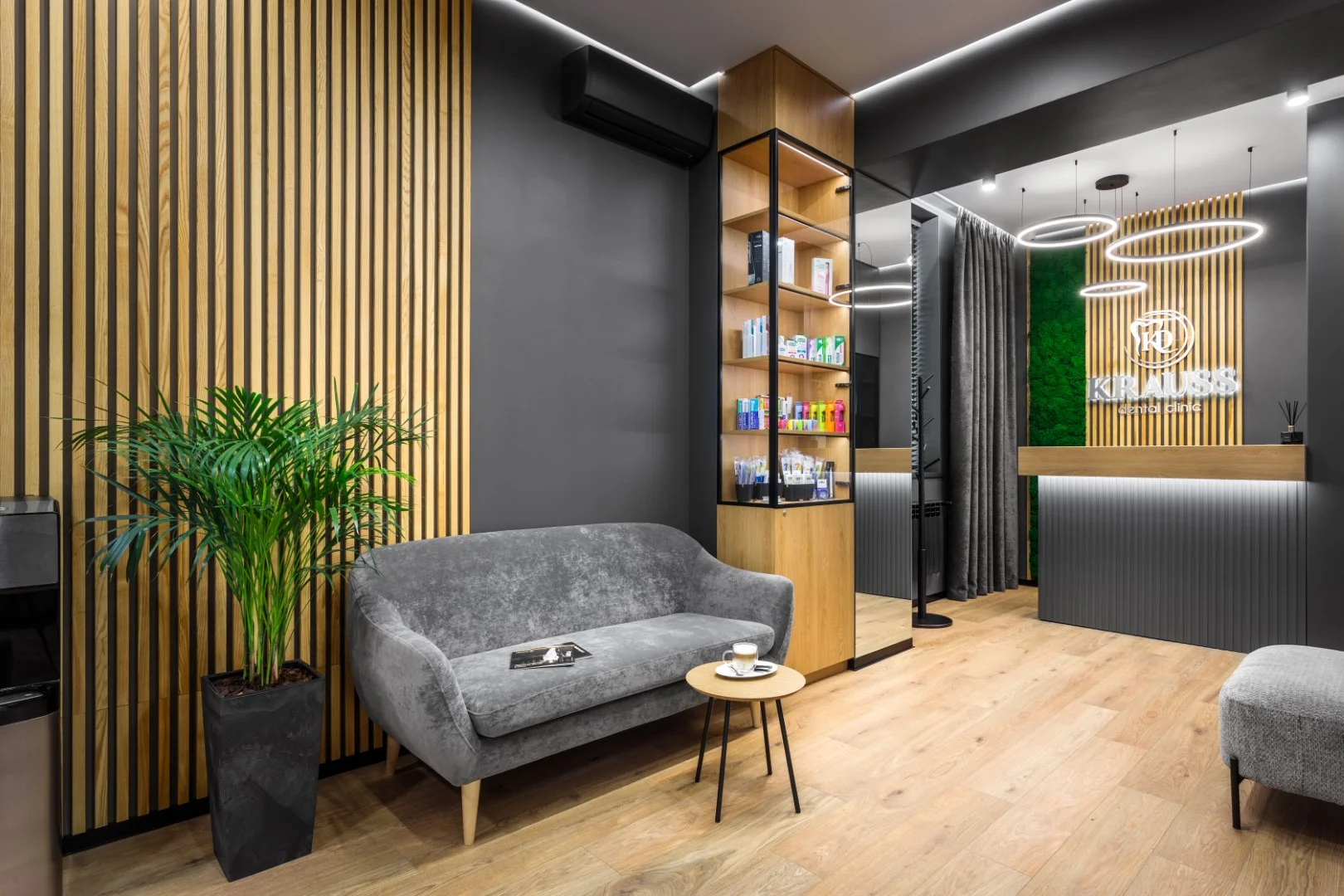Modern dental clinic waiting area with gray sofa, wooden accent wall, green plant, display shelves, and reception desk with illuminated logo.