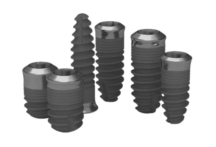 Six dental implants with metallic tops and threaded bodies arranged on a white background.