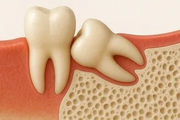 A close up of a tooth on a bone.