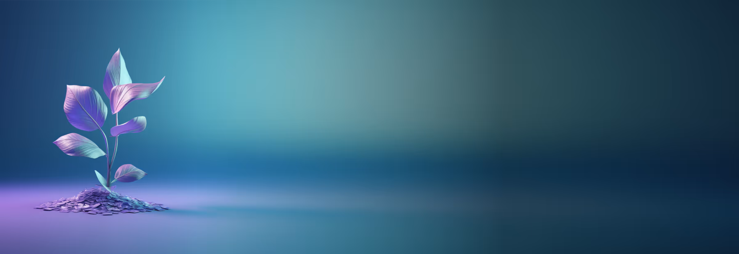 Purple and teal plant growing from a small pile of coins on a smooth blue gradient background.