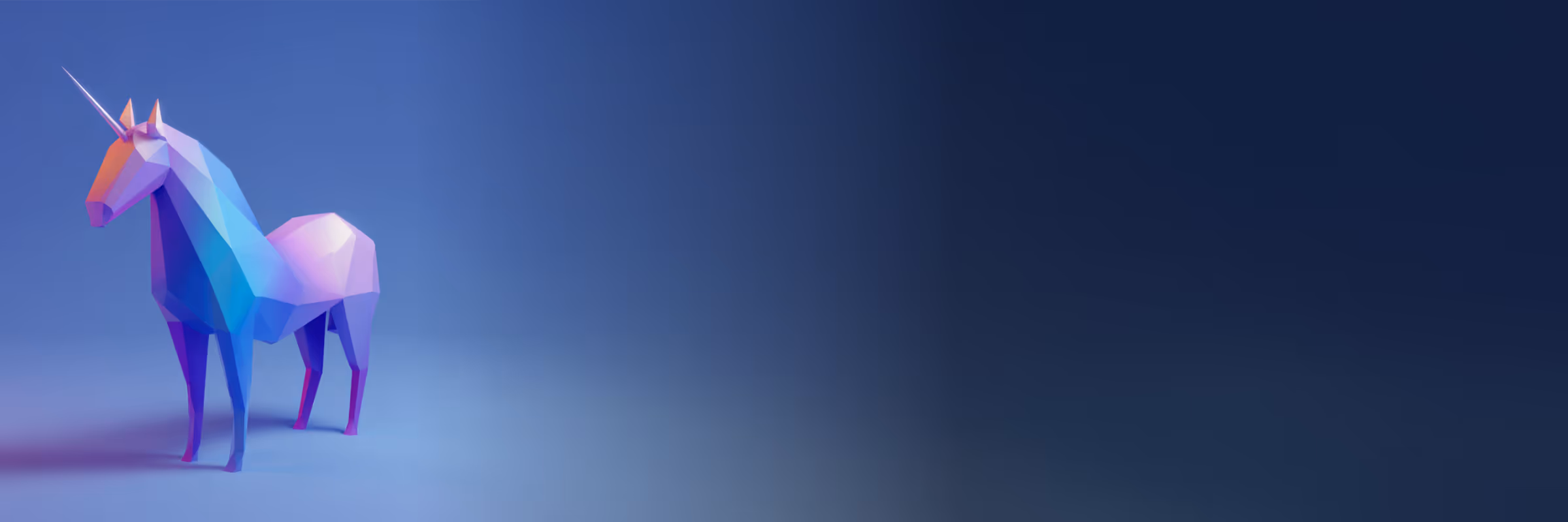 Low-poly 3D unicorn model in shades of purple and blue on a gradient blue background.