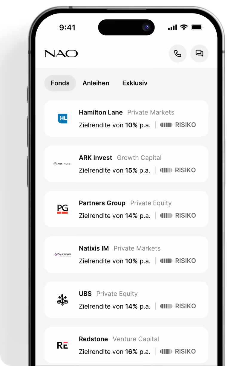 Investmentfonds mit Zielrendite von 10% bis 16% p.a. und Risikoanzeige auf einer Smartphone-App.