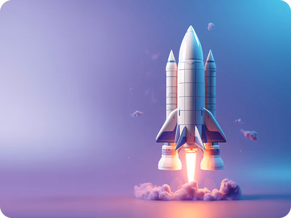 White rocket launching with fiery exhaust and smoke against a gradient purple and blue background.