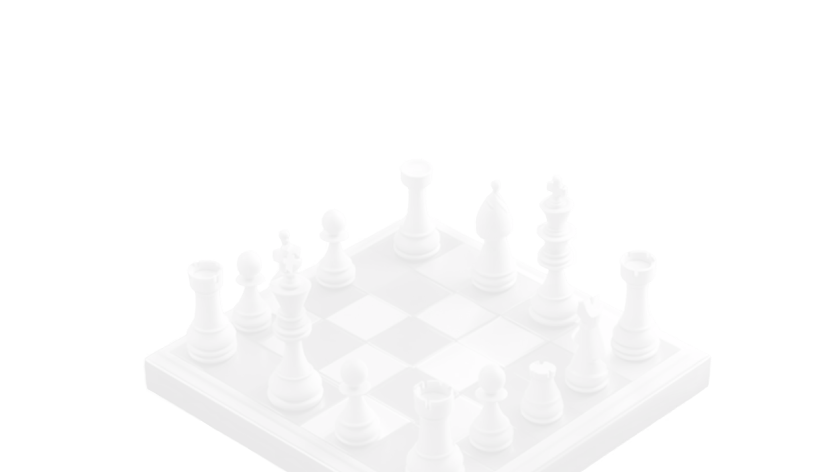 White chess pieces arranged on a small chessboard with a black background.