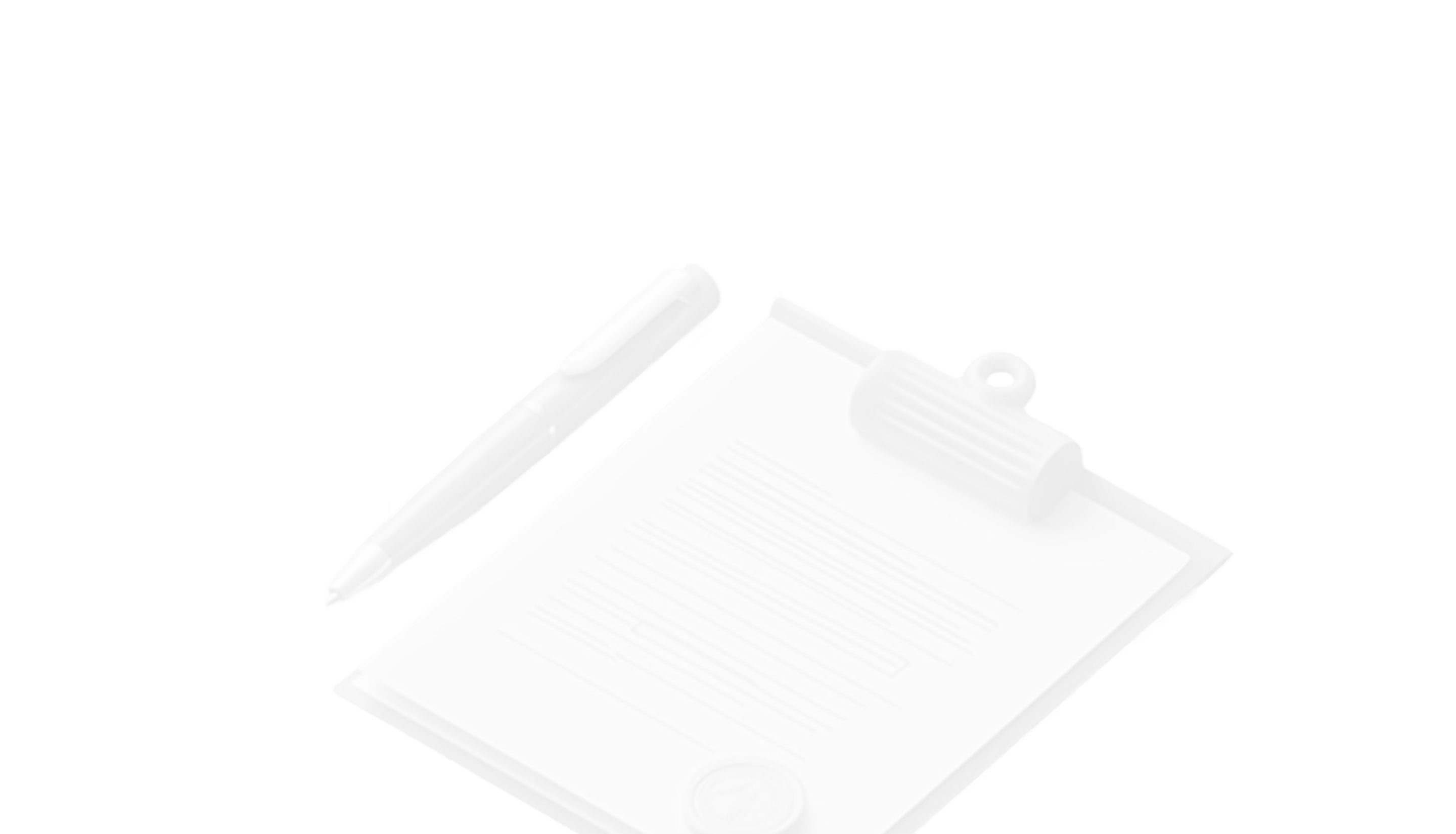 Gray clipboard holding a document with text lines and a round seal, next to a gray pen with a clip.