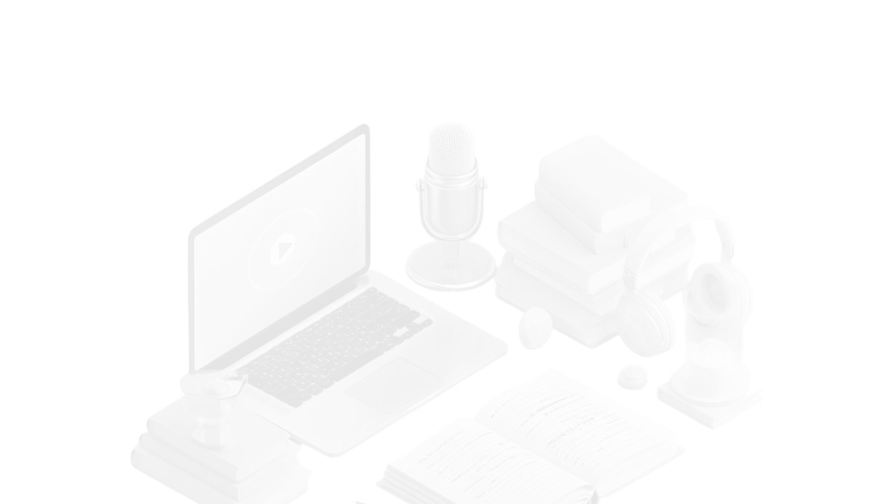 Digital learning setup including an open laptop showing a play button, a microphone, stacked books, an hourglass with headphones, and an open notebook with handwritten notes.