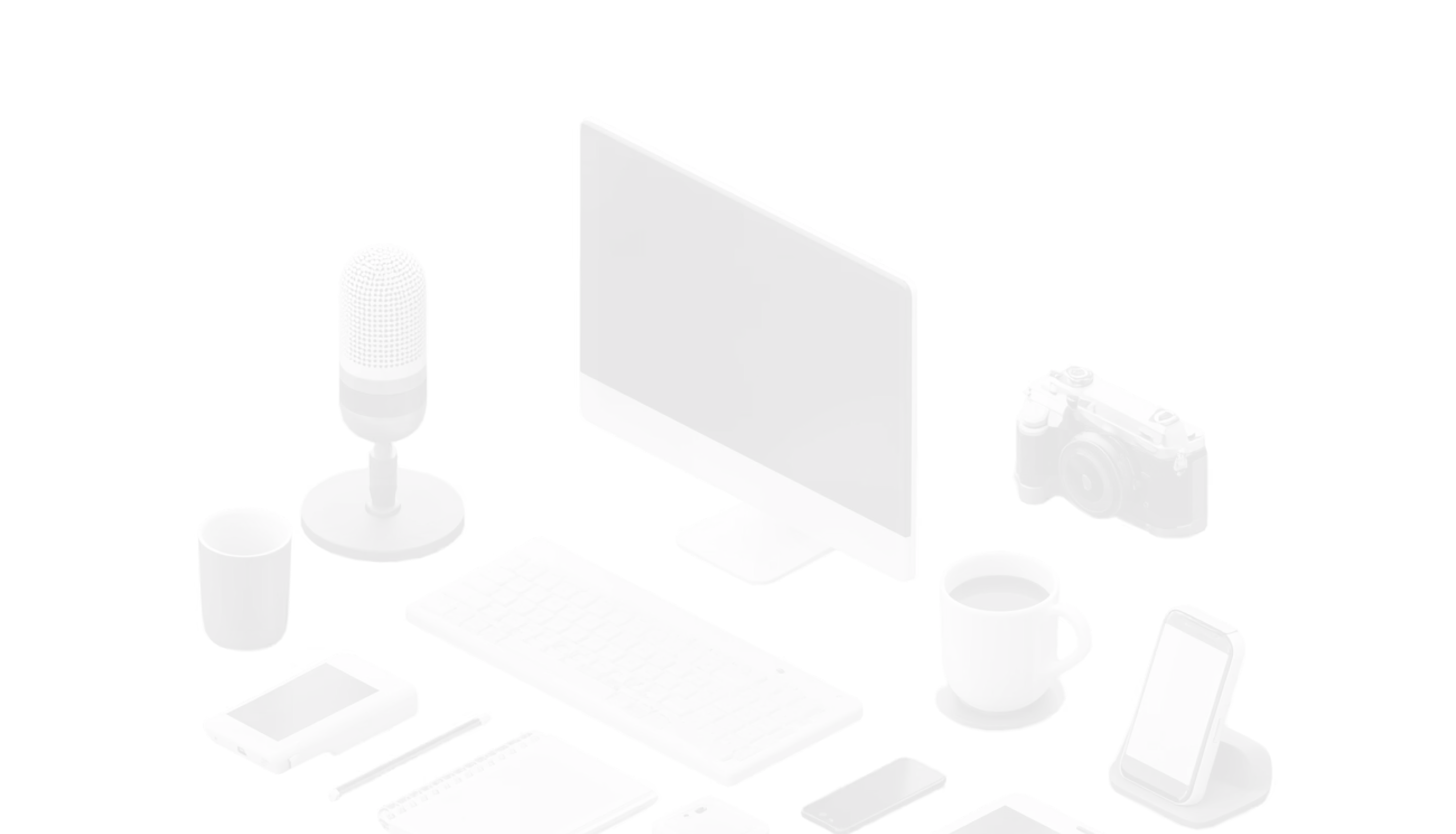 Flat lay of a workspace with a computer monitor, keyboard, microphone, vintage camera, two smartphones, two coffee mugs, a pencil, and a notebook on a black background.