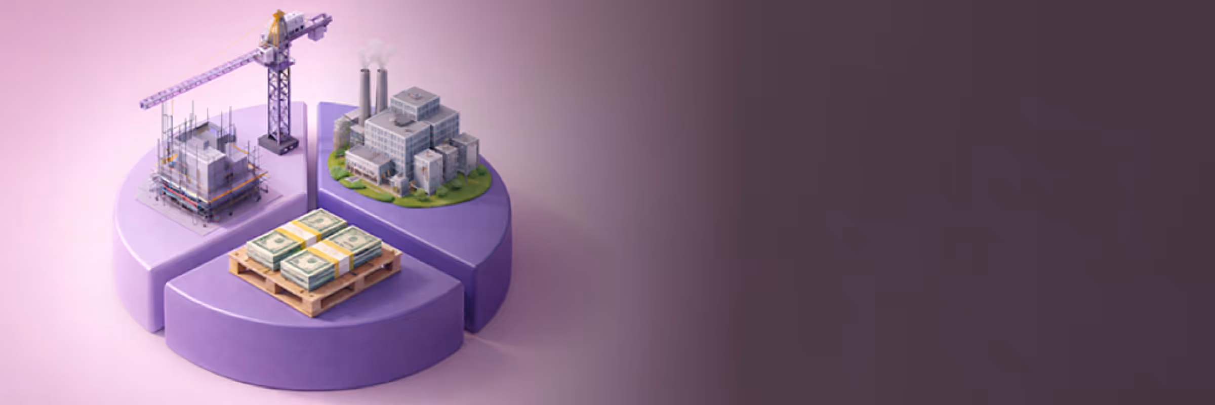 Drei Segmente eines violetten Kreisdiagramms mit Modellen von einer Baustelle mit Kran, einem Fabrikgebäude und einem Stapel Geldscheine.