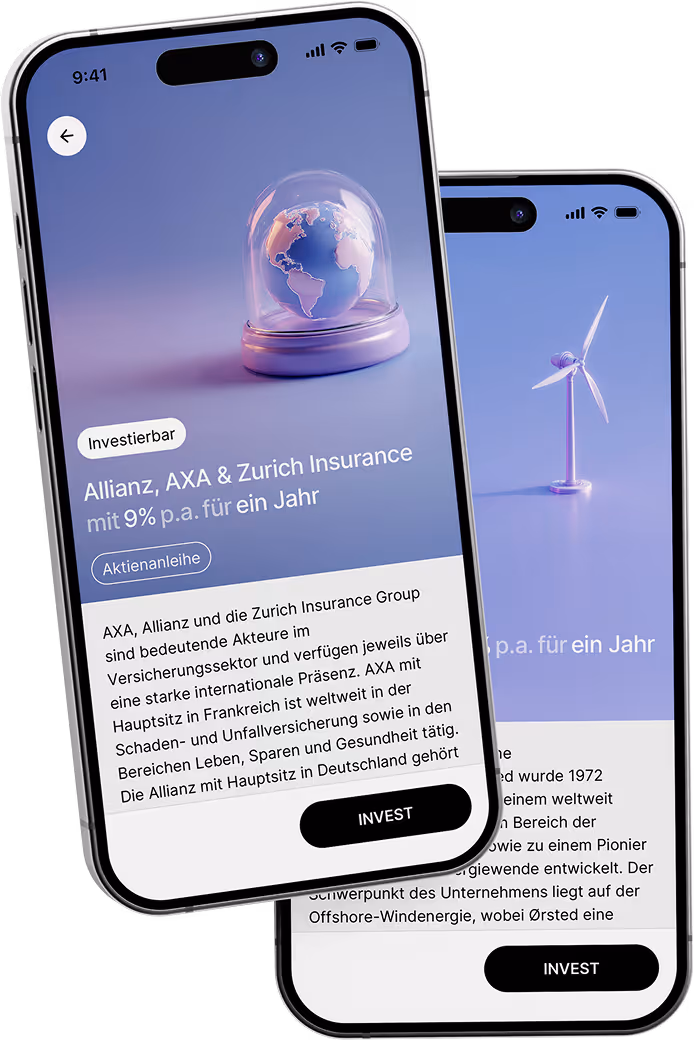 Zwei Smartphones zeigen eine Investment-App mit Angeboten zu Allianz, AXA & Zurich Insurance mit 9% p.a. und einem Windrad als Symbol für erneuerbare Energien.