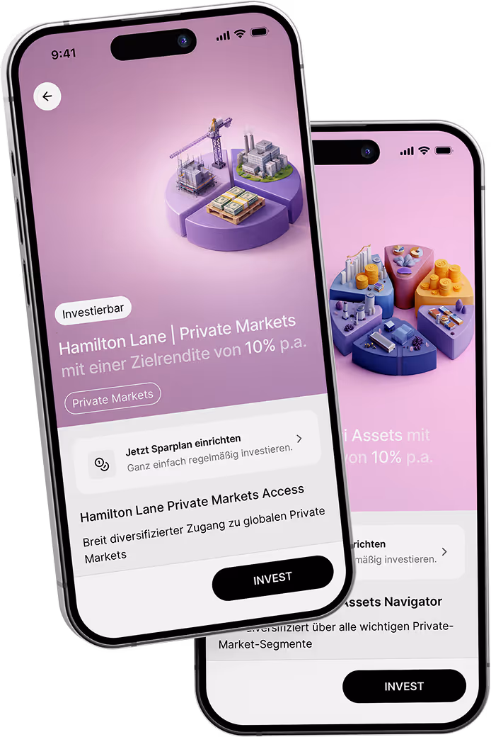 Smartphone zeigt eine Investment-App mit einem lila Tortendiagramm und Optionen für Hamilton Lane Private Markets mit Zielrendite von 10 % p.a.
