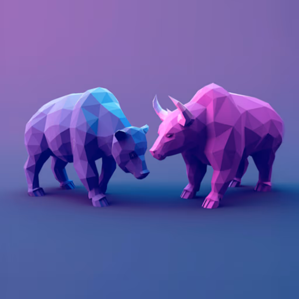 Low-poly blaue Bären- und violette Bullenstatue, Symbol für Finanzmarkttrends.