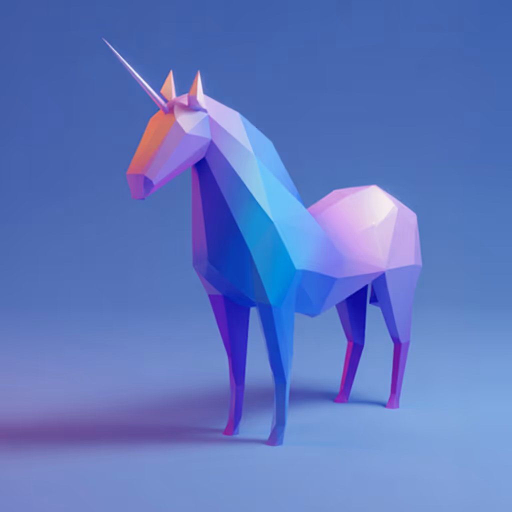 Polygonale Einhorn-Figur in Blautönen mit violetten und pinken Akzenten vor blauem Hintergrund.