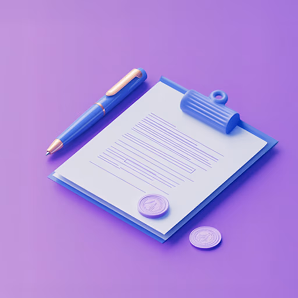 Blauer Stift neben Klemmbrett mit Papier und zwei Siegeln auf lila Hintergrund.