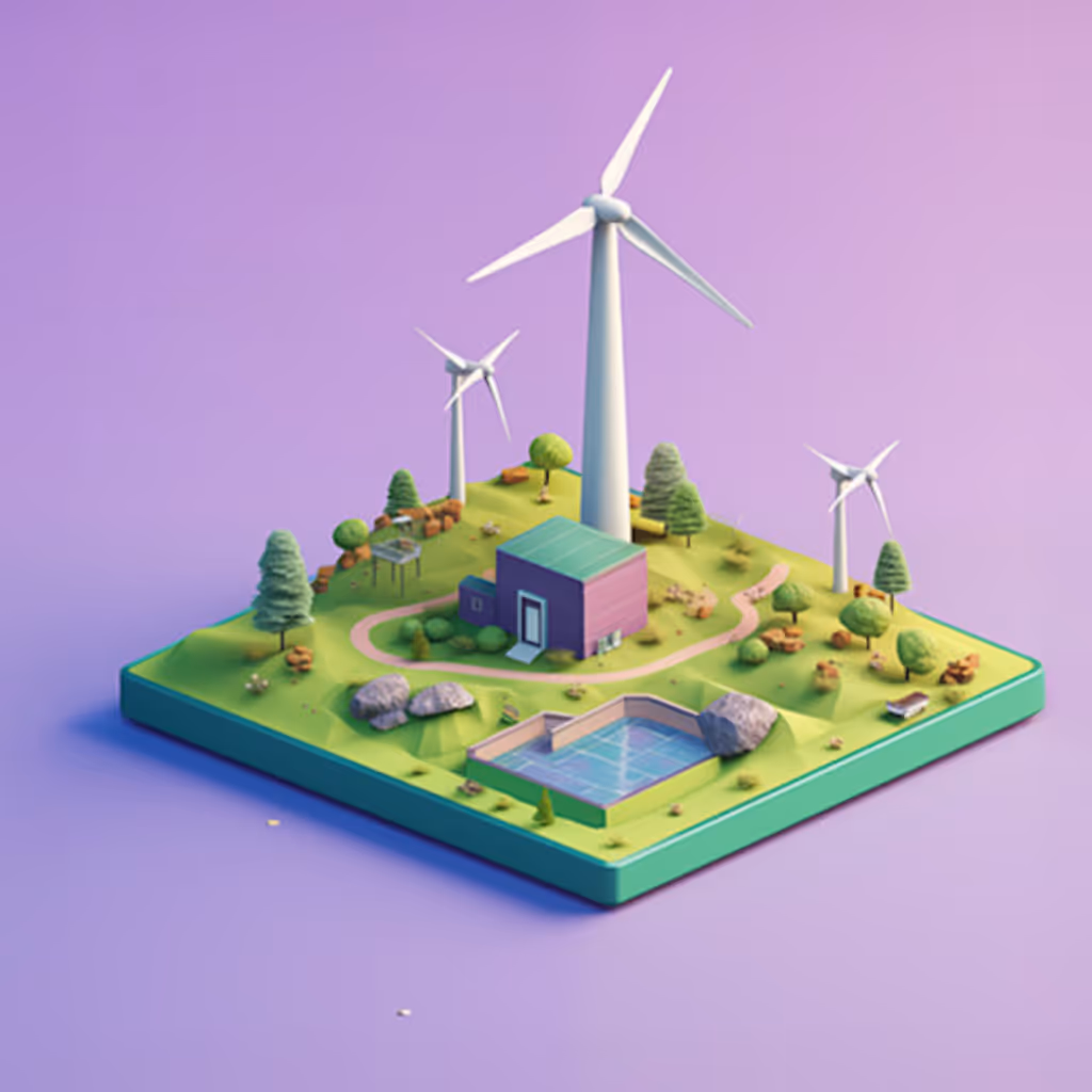 Modelllandschaft mit Windrädern, Haus, Bäumen, Steinen und einem kleinen Wasserbecken.