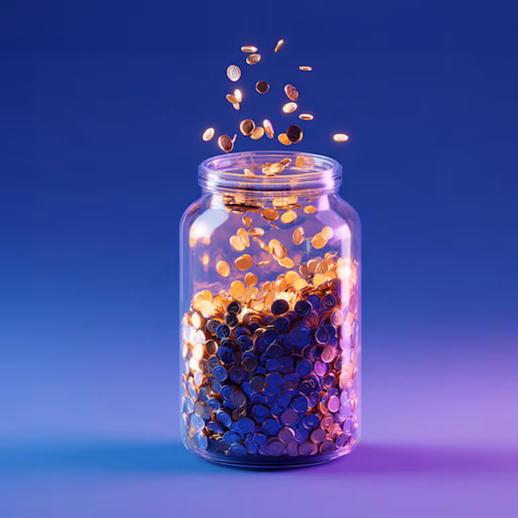 Glasgefäß, das halb mit Münzen gefüllt ist, und weitere Münzen fallen hinein vor blauem Hintergrund.