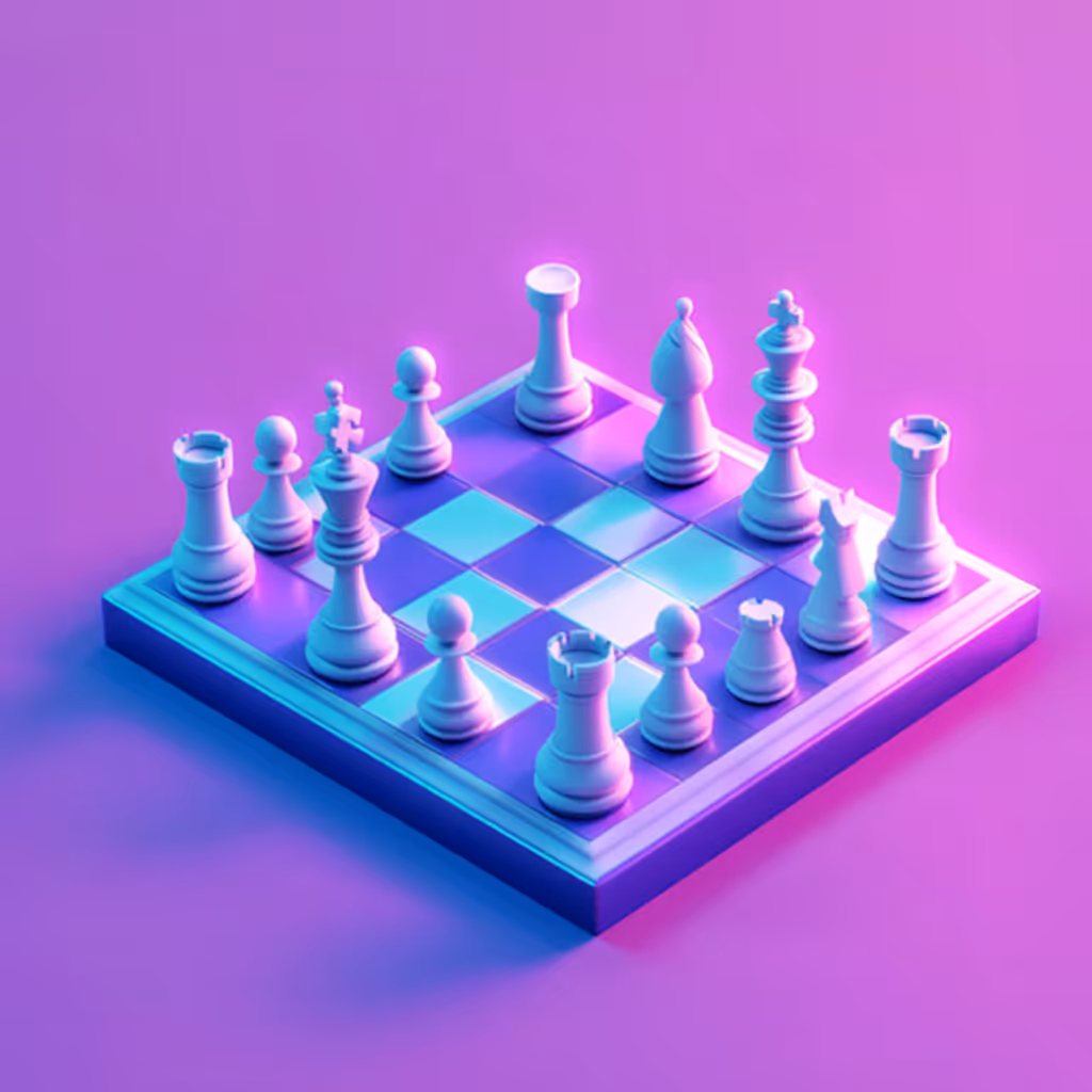Ein Schachbrett mit weißen Schachfiguren, beleuchtet in Blau- und Pinktönen auf violettem Hintergrund.