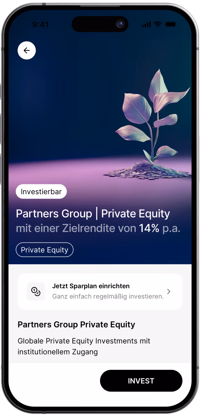 Investment-App zeigt Partners Group Private Equity mit 14% p.a. Zielrendite und Sparplanoption.