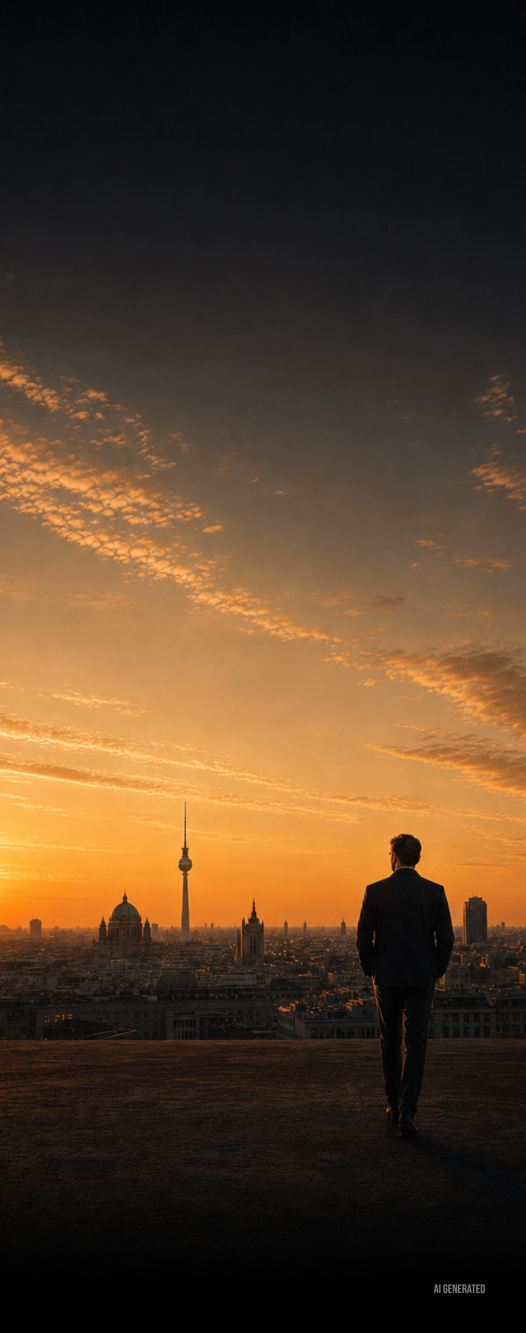 Frau sitzt abends auf Terrasse und sieht auf Smartphone ihr Portfolio mit 112.483,03 € vor Skyline.